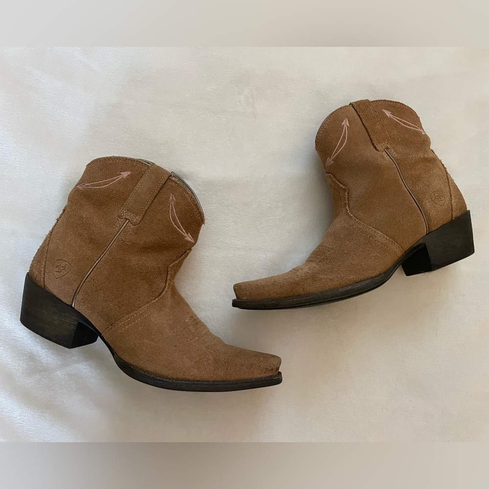 Ariat Light Brown Suede Leather Embroidered Heeled Ankle Boots